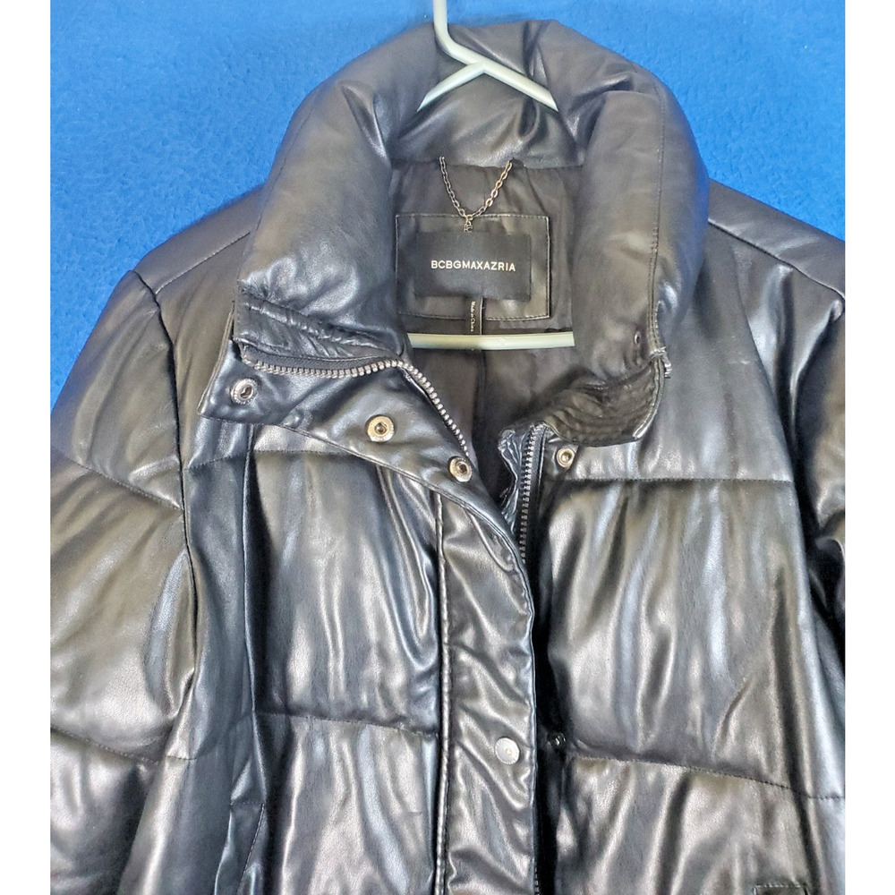 BCBGMAXAZRIA Black Faux Leather Puffer Jacket Womens Small Quilted Winter Coat - Picture 2 of 16